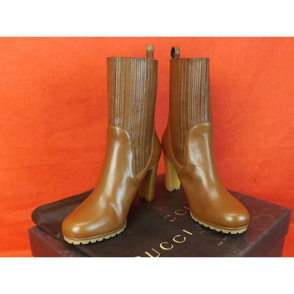 NIB GUCCI 323551 EDITH CUIR BROWN LUXOR LEATHER ELASTICIZED ANKLE BOOTS 39.5 - Picture 3 of 12